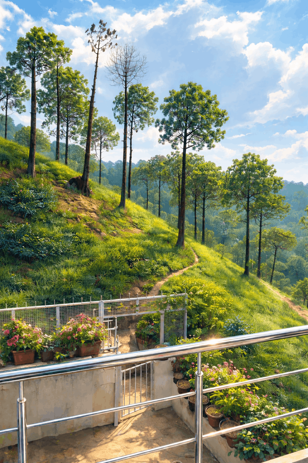 Panoramic valley and mountain view from The Retreat Cottage Balcony Dharampur